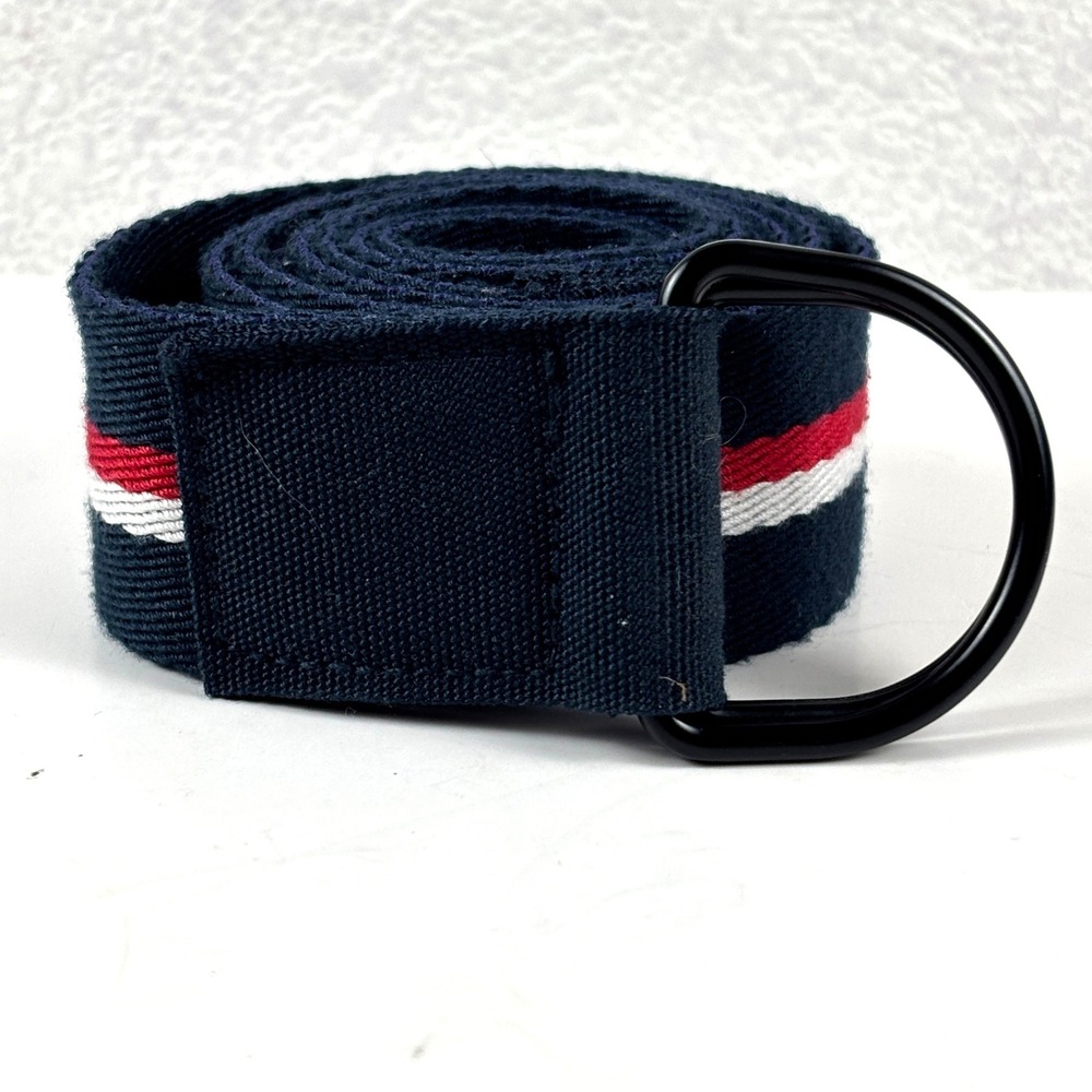 Tommy Hilfiger Web Belt Mens 46 Navy Blue D-Ring Canvas Stripe Logo